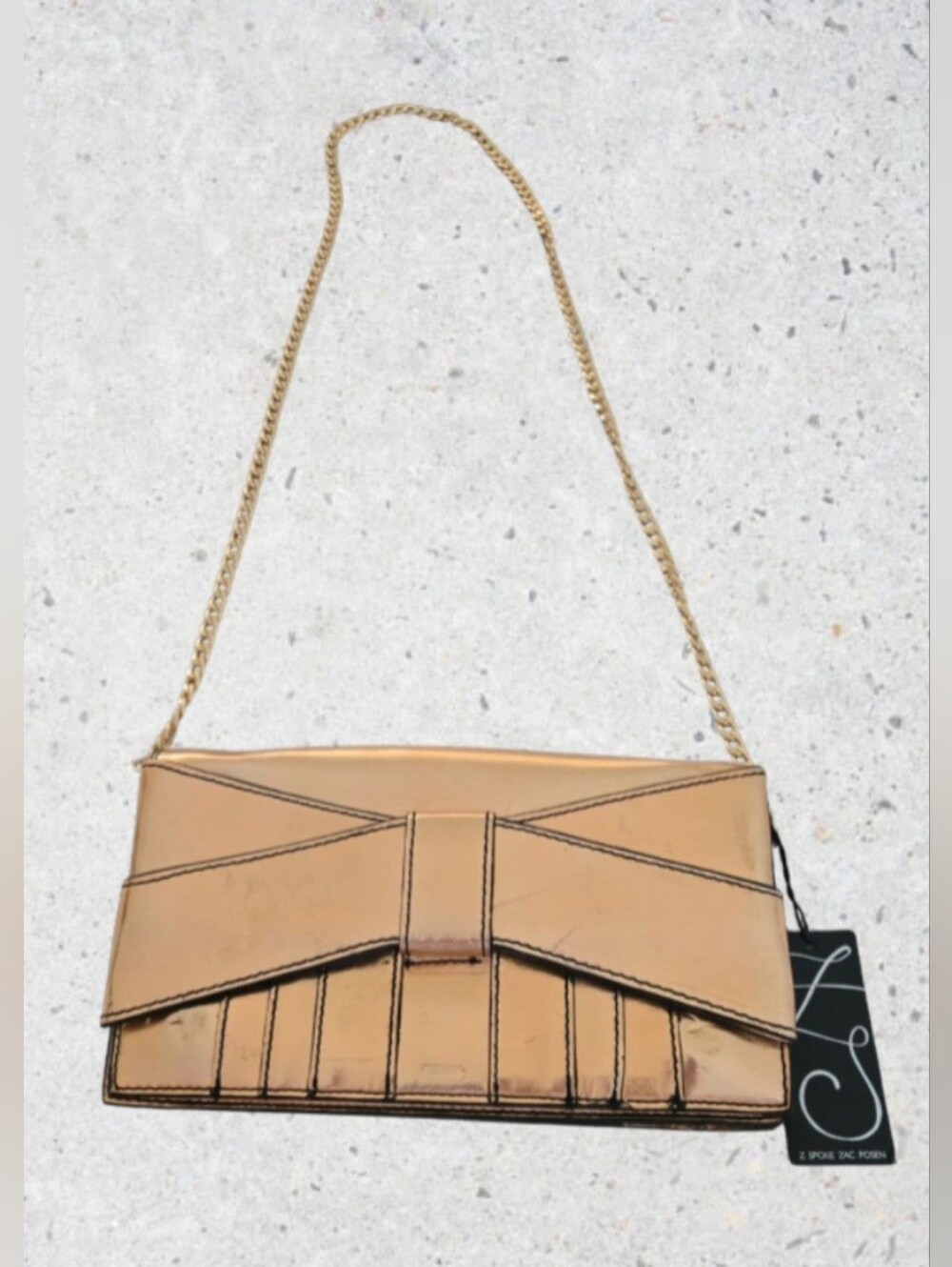 Z spoke Zac Posen Shirley Clutch Bag Gold Shimmer Leather Bow Front Magnetic